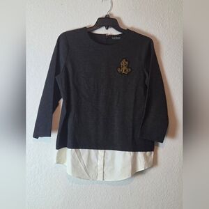 Ralph Lauren Dark Charcoal Long Sleeve Sweater With White Shirttail Hem Size L